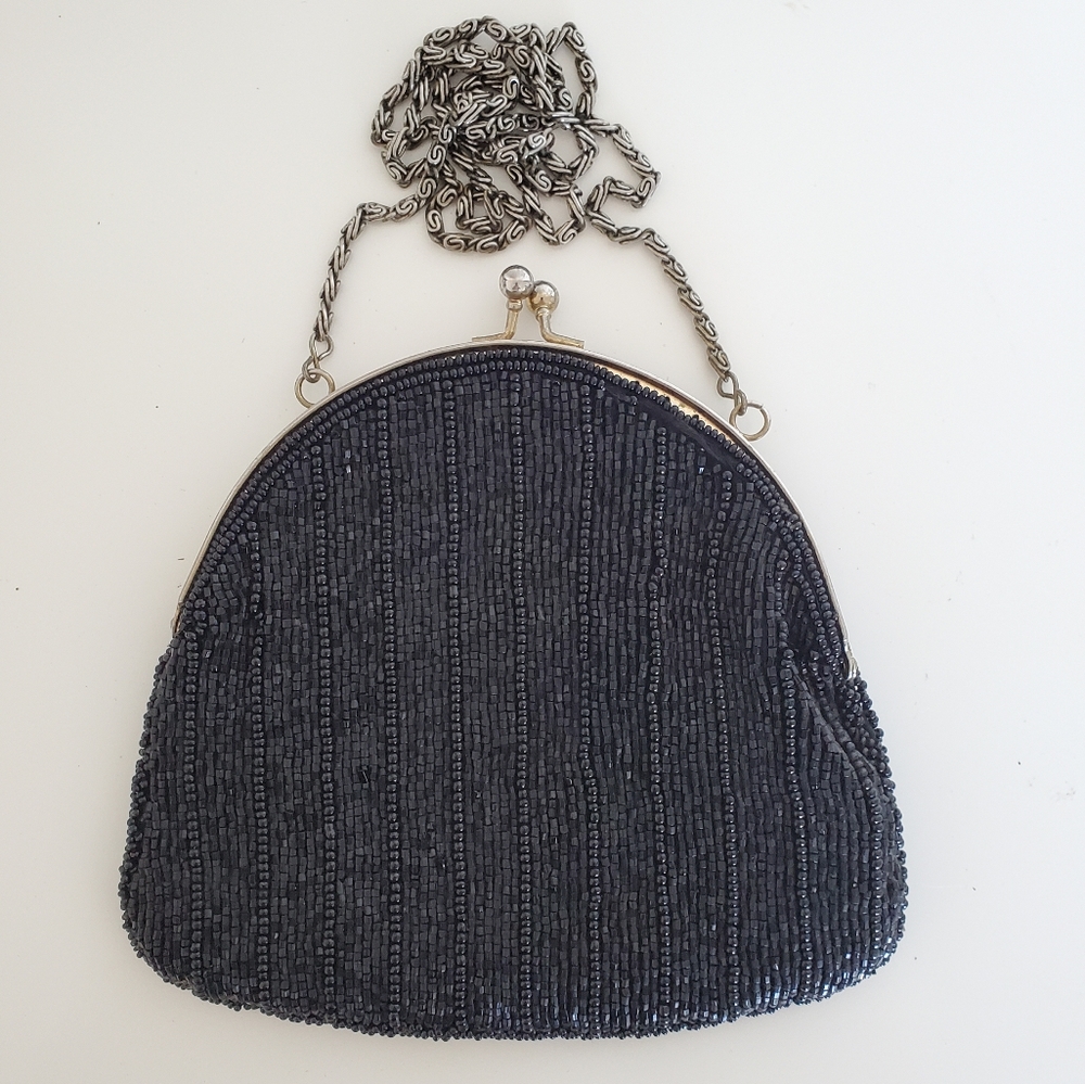 1960s WALBORG Purse Clutch Handbag Black Glass Beads Vintage